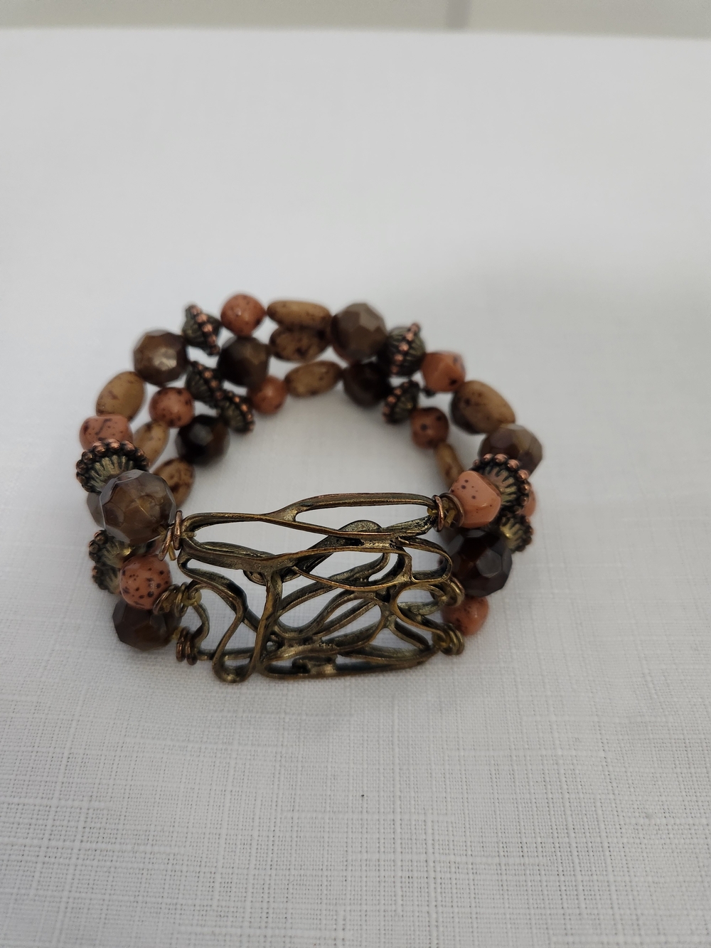 Beaded & Brass Multi-Strand Bracelet in Brown and Tan